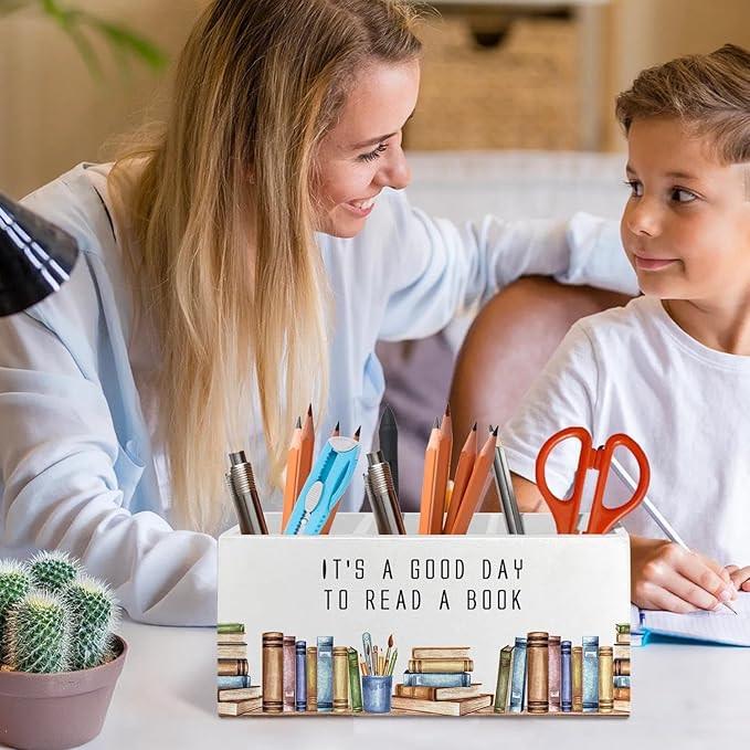 Book Lover Gifts Pen Pencil Holder Organizer for Desk Accessories, Reading Nook Corner Decor, It's a Good Day to Read a Book Wooden Box Signs Decorations for Home Classroom Desk Tabletop