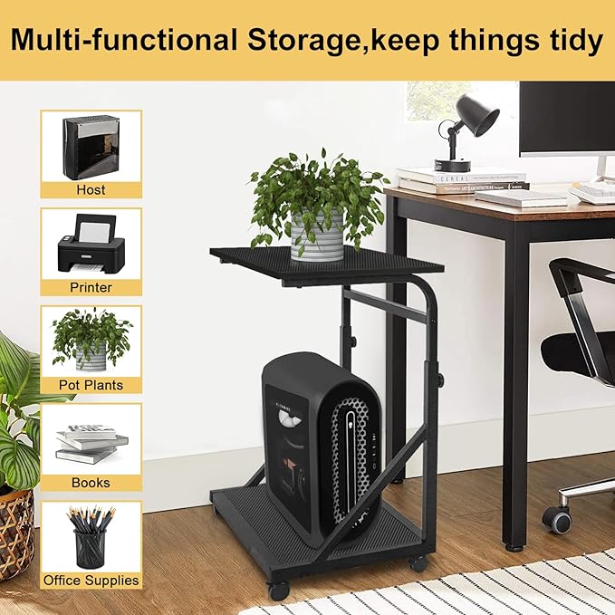 Computer Tower Stand, 2-Tier CPU Stand with Lockable Wheels, Adjustable Height PC Stand for Floor, Mobile PC Laptop Standing Table for Home Office (Black)