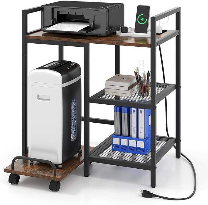 Giantex 3-Tier Printer Stand with Charging Station, 2 Open Storage Shelves, Side PC Stand on Wheels, 25" x 16" Mobile Printer Table for Computer Tower, Printer Shredder, Fax, Under Desk, Home Office