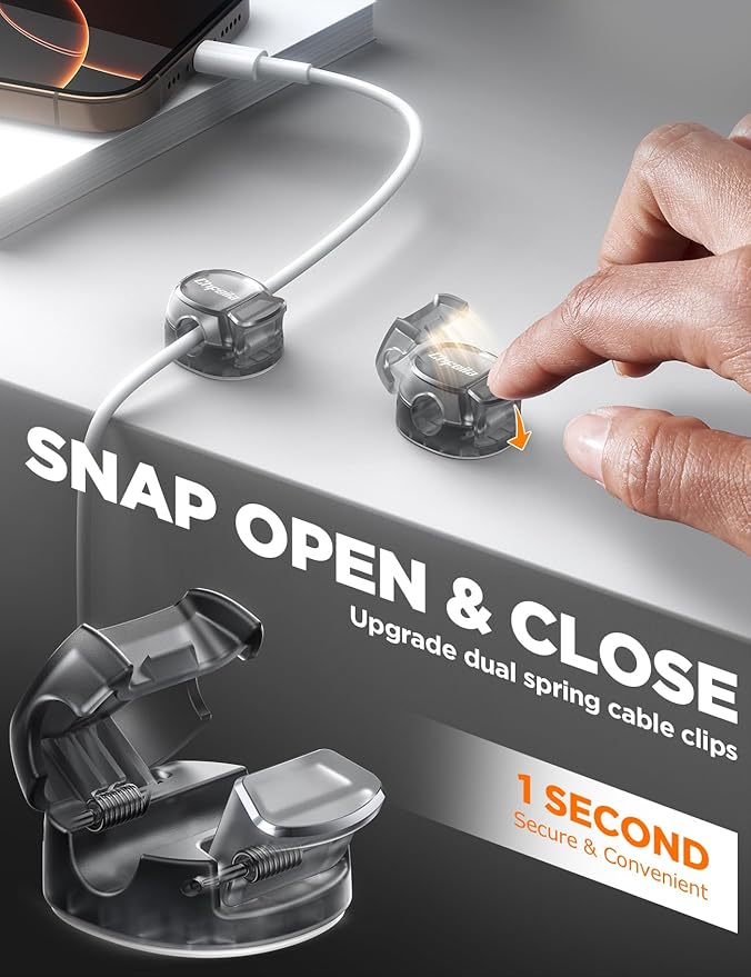 12Pack Cable Clips - Chfeila Latest Dual Spring Cord Organizer with Clasp Lock, [Max Stability] Desk Cable Management, Adhesive Phone Charging Wire Holder for Nightstand/Car/Wall, Office Accessory