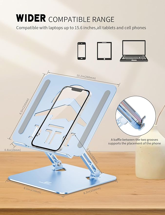 Laptop Stand Adjustable Laptop Holder for Desk, Foldable Laptop Riser Portable Computer Stand Compatible with MacBook, Lenovo, HP and All Laptops up to 15.6 inches Diamond Blue