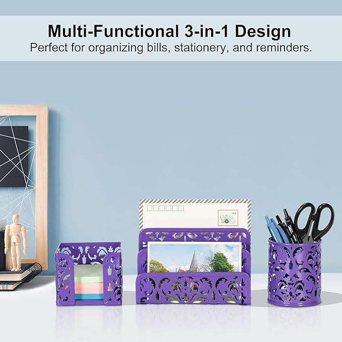 EasyPAG Desk Organizers and Accessories 3 Pieces Office Organizer Set - Pen Holder for Desk, Mail Sorter Countertop and Sticky Note Holder, Purple
