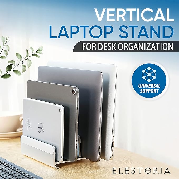 Elestoria 5- Slot Vertical Laptop Stand - Aluminum Laptop Stand Vertical for Desk - Adjustable Width (12-38mm) Fits MacBook Pro/Air, Surface & Gaming Laptops upto 17.3"-Heavy Duty Laptop Holder-Silver