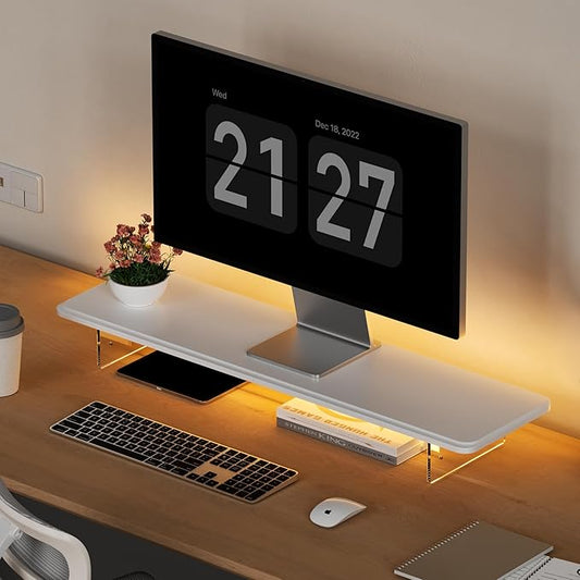 Monitor Stand Riser,31.5-Inch LED Light Wood Computer Monitor Stand with Adjustable Acrylic Legs,Desk Accessories Desktop Organizer Stand for, Computer,Laptop,Printer,PC TV Screen Riser,White