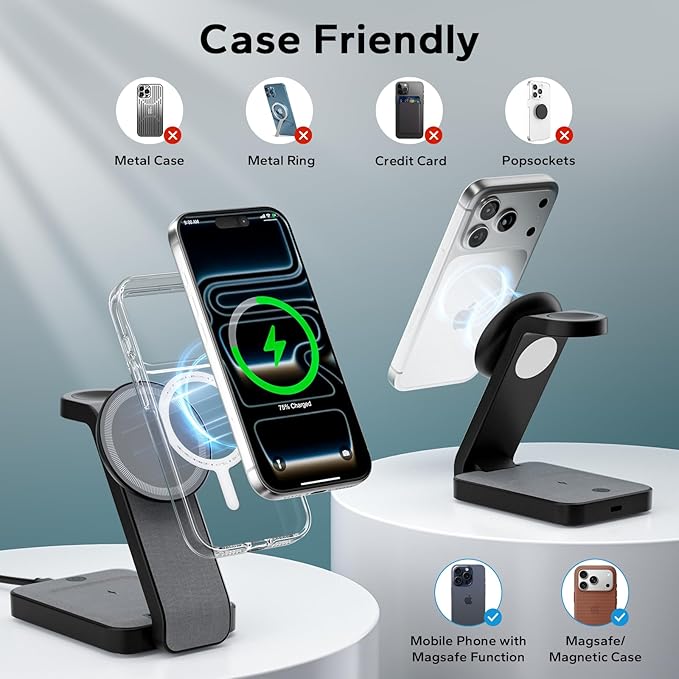3 in 1 Foldable Wireless Charging Station for MagSafe, Nightstand Magnetic Charger Stand for iPhone 17 16 15 14 Pro Max, Travel Charging Dock with Night Light for Apple Watch/AirPods (Black)