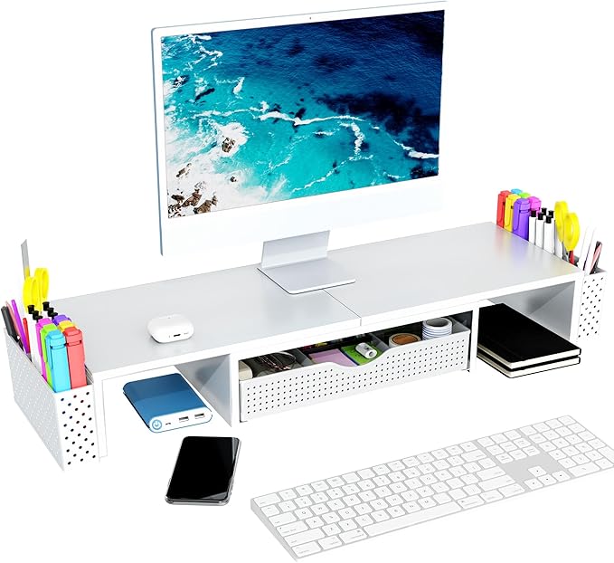 Spacrea Metal Desk Organizers and Accessories, Dual Monitor Stand Riser with Drawer and 2 Pen Holders, Desk Accessories & Workspace Desktop Organizers for Office Supplies (White)