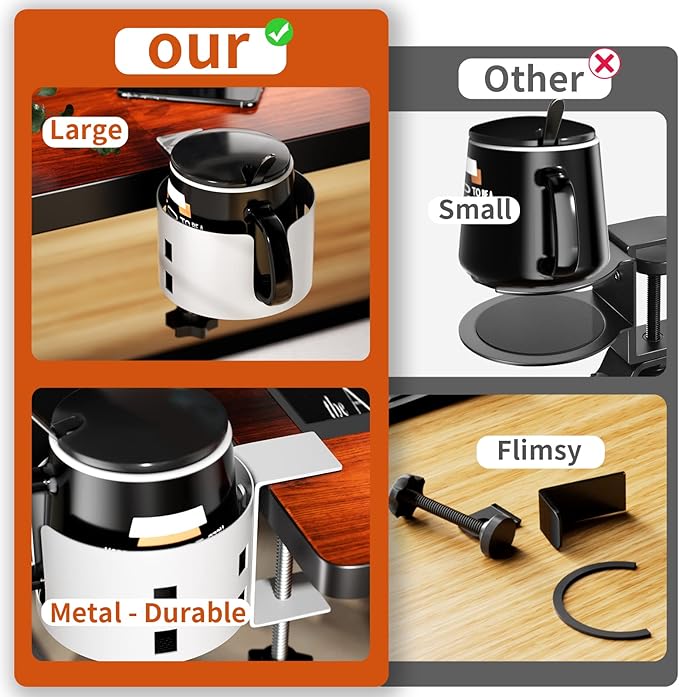 Upgraded Large Desk Cup Holder Clamp, Anti-Spill Cup Holder for Table, Durable 5 Adjustable Directions, Metal Office & PC Gaming Desk Accessories, Enough to Hold Coffee Cups, Water Bottles, White