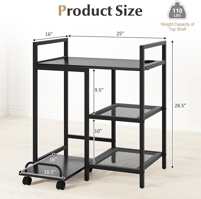 Giantex 3-Tier Printer Stand with Charging Station, 2 Open Storage Shelves, Side PC Stand on Wheels, 25" x 16" Mobile Printer Table for Computer Tower, Printer Shredder, Fax, Under Desk, Home Office