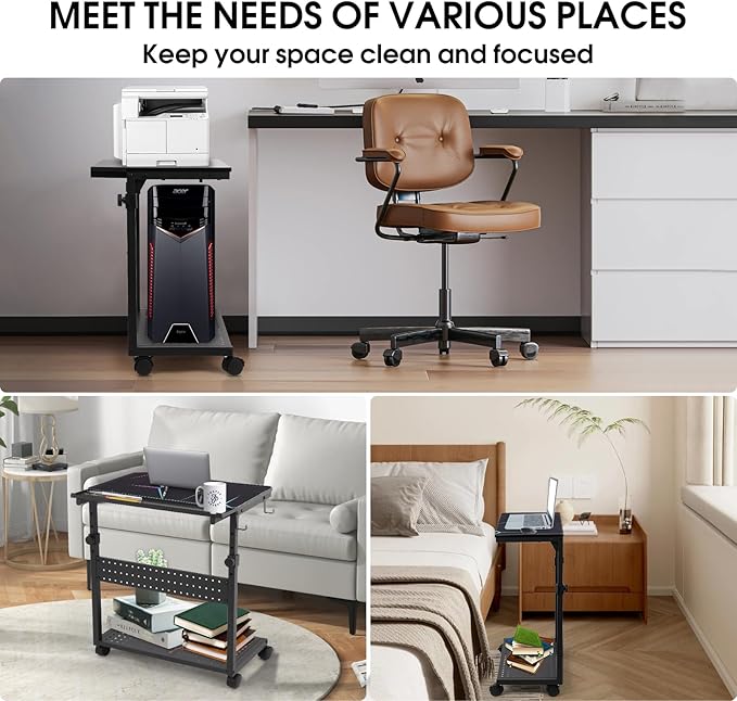 KEBE Wider Tower Stand, Height Adjustable Computer Tower for Gaming Home Office, 2-Tier PC Stand Printer Rack ATX-Case CPU Holder Cart with Wheels & Mouse Pad, Black