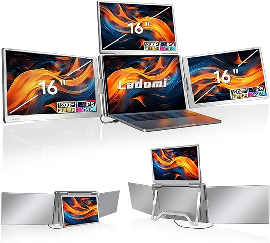 16" Laptop Screen Extender, Just 1 Cable for 3 Screens Quad Monitor, 1200P FHD Screen Extender for 12"-18.5" Laptops, Triple Portable Monitor for Wins/Mac M1|M2|M3|M4|M5