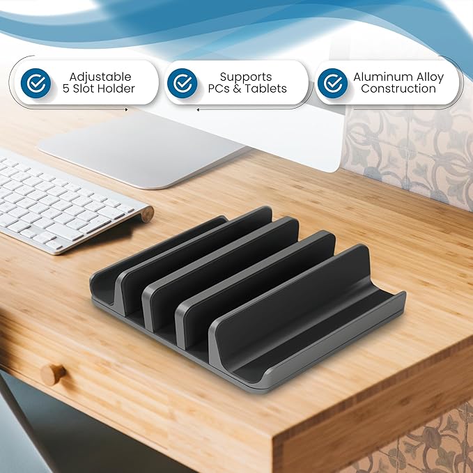 Elestoria 5- Slot Vertical Laptop Stand - Aluminum Laptop Stand Vertical for Desk - Fits MacBook Pro/Air, Surface, Mobiles & Gaming Laptops up to 17.3" - Heavy Duty Laptop Holder for Desk - (Black)