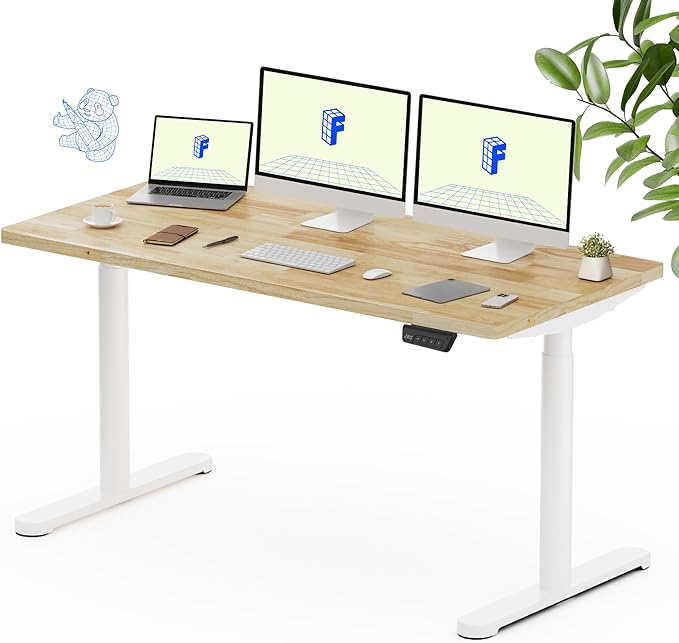 FLEXISPOT Solid Rubberwood Electric Standing Desk with Elegant Oval Legs, 63"x24" Height Adjustable Desk for Home Office & Living Spaces (White Frame)