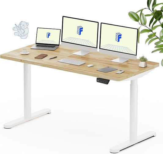 FLEXISPOT Solid Rubberwood Electric Standing Desk with Elegant Oval Legs, 63"x24" Height Adjustable Desk for Home Office & Living Spaces (White Frame)