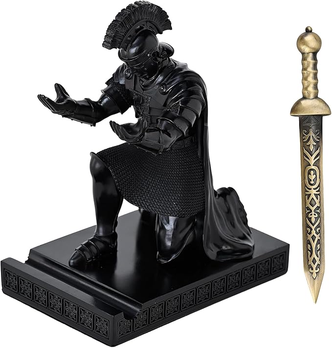 Roman Praetorian Prefect Warrior Knight Pen Holder Desk Ornament Resin Praetorian Guard Mobile Phone Stand Desk Accessories and Organizer for Office with a Letter Opener (Black)
