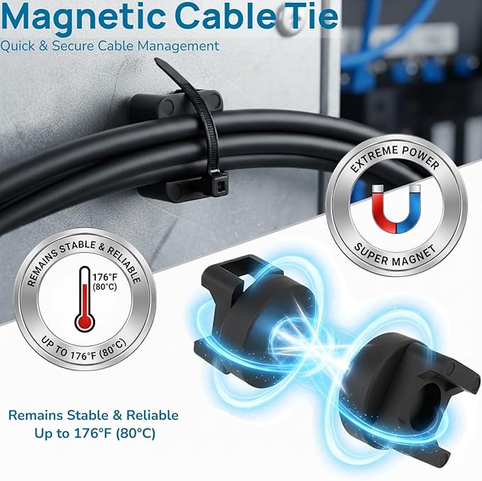 225 Pieces Magnetic Cable Ties Set, 25 Magnetic Zip Tie Mounts with 200 Cable Ties, Strong Wire Holder Cables Management, Multipurpose Electrical Cord Holders Organizer (22mm)