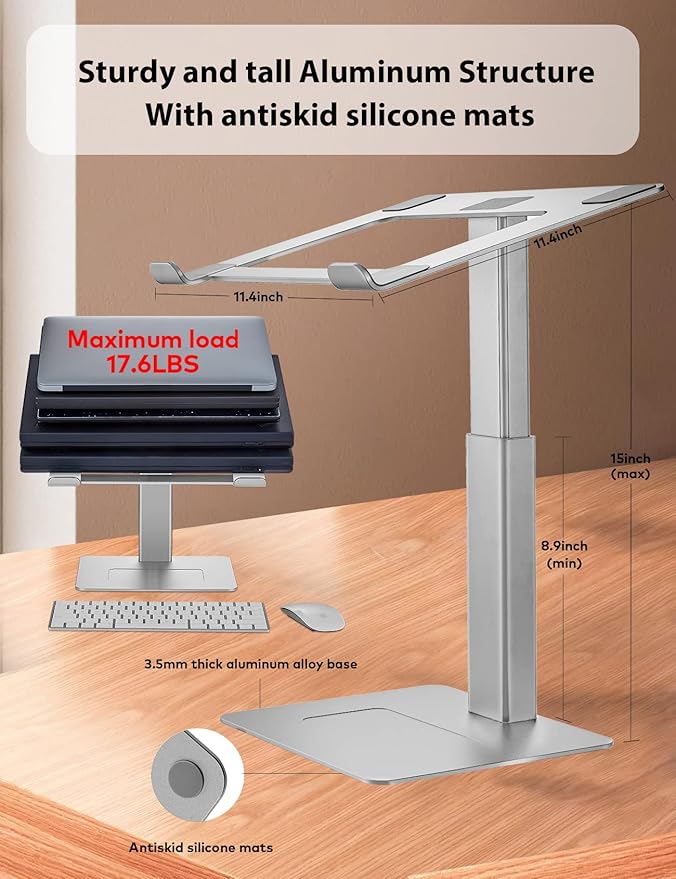 Laptop Stand for Desk, Ergonomic Sitting and Standing Laptop Riser for Notebook MacBook 11-17 Inches，DJ Laptop Stand Adjustable Height from 7-15 Inches Aluminum(Silver)
