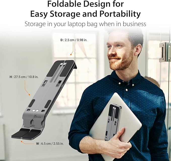 j5create Portable Aluminum Laptop Stand with USB 4-Port Hub, Foldable and Adjustable Notebook Riser with 4 USB-A Ports for MacBook, Laptop, and Tablet up to 16" (JTS223)