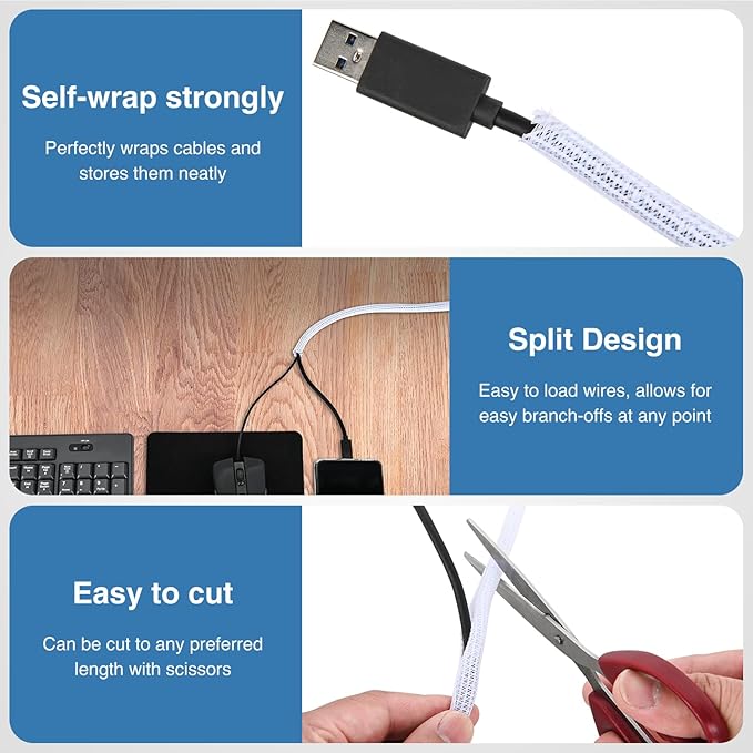 Nilight Cable Sleeve,10ft-1/4inch Cord Management Sleeves, Braided Sleeving, Split Self Wrapping Wire Loom for Computer Electrical Automotive Harness Protector Organizer, White