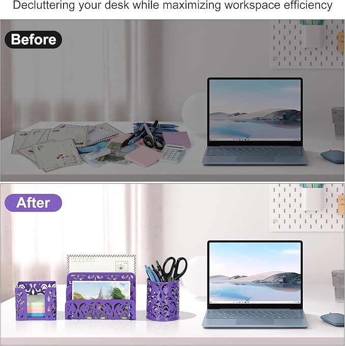 EasyPAG Desk Organizers and Accessories 3 Pieces Office Organizer Set - Pen Holder for Desk, Mail Sorter Countertop and Sticky Note Holder, Purple