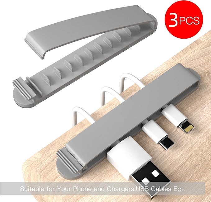 pzoz Cable Clips, 3 Pack Cord Organizer Charger Cable Management for Organizing Home Office Desk Phone Car Cable Wire, Self Adhesive Cord Holders (Gray)
