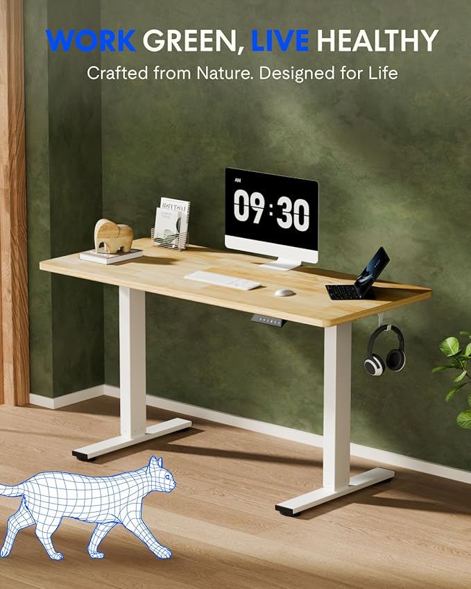 FLEXISPOT EN1 One-Piece Solid Wooden Standing Desk 55 x 24 Inches Height Adjustable Electric Sit Stand Home Office Desks (White Frame + Rubber Wood Top, 2 Packages)