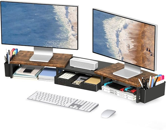 OPNICE Wood Desk Organizers and Accessories, Dual Monitor Stand Riser with Drawer and 2 Pen Holders, Desk Shelf Computer Racks for Office Workspace Organizers, Desktop Organization (Rustic Brown)