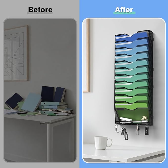 Kuntine.B Wall File Organizer Office Hanging Magazine Holder Wall File Organizer for Office Home (Black, 13 Tier & Key Holders)