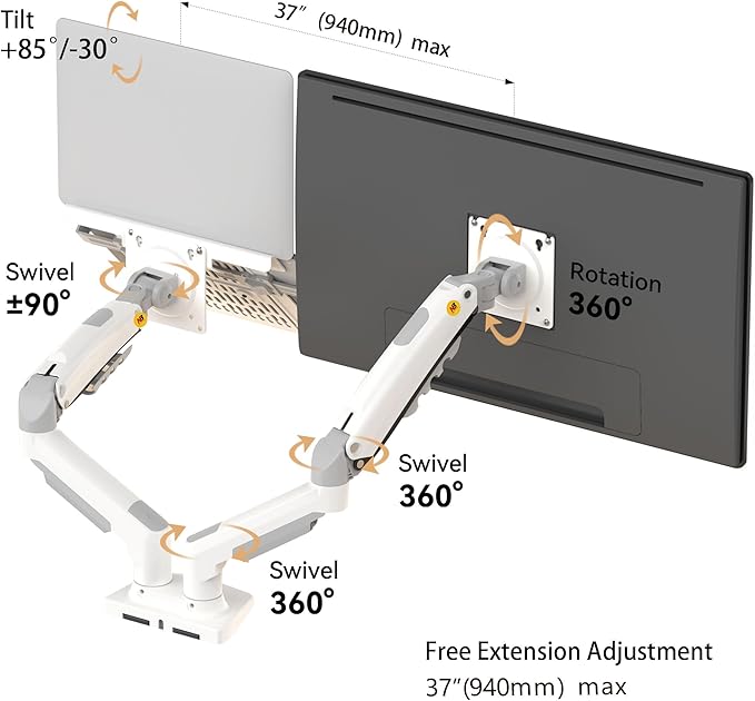 NB North Bayou Laptop Mount with Adjustable Tray for 10-17”Notebook, Full Motion Arm with VESA Plate for 17-30”Monitor,Clamp-on Grommet Mounting F160-FP (White)