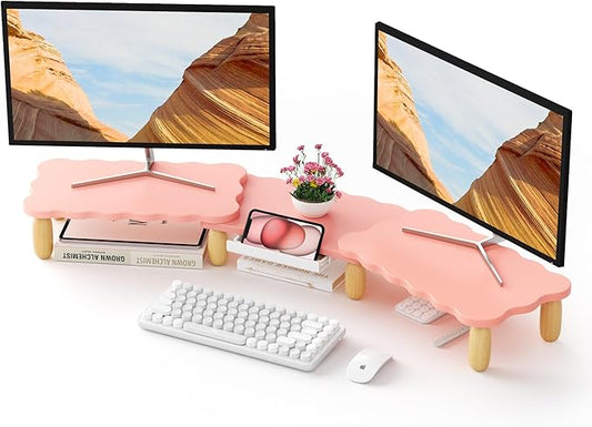 Dual Monitor Riser, Cookie-Shaped Adjustable Length & Swivel Angle, Wooden Desktop Organizer for 2 Monitors,Monitor Stand with Drawer for Laptop, PC, Computer, Printer,Pink