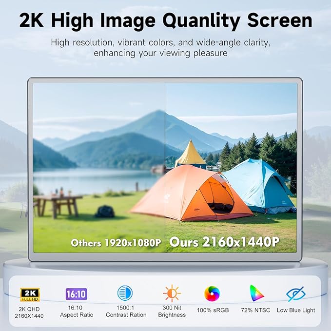 KEFEYA Laptop Screen Extender 2K, 2160x1440 QHD Laptop Monitor Extender Dual Screen, 14” Portable Monitor for Laptops 13-17" with USB-C/HDMI Port, Plug n Play for Windows/Mac/Android/Switch/PS5