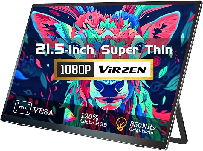 21.5-inch USB-C HDMI Portable Monitor 100Hz 120sRGB 1080P with VESA 180° Adjustable Kickstand Ultra-Slim Frameless FHD HDR Display, Travel Second Monitor for Laptop PC