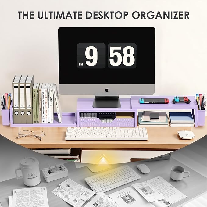 OPNICE Purple Desk Organizers and Accessories, Dual Computer Monitor Stand Riser with Drawer and 2 Pen Holders, Office Desk Accessories, Workspace Desktop Organization for Office Supplies