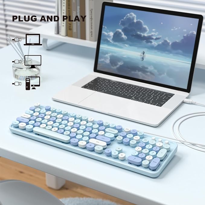 MOFII Computer Keyboards Wired, Plug Play USB Full Size Typewriter Keyboard, Cute Colorful Aesthetic Keyboard with Foldable Stands for Windows PC Laptop (Blue Colorful)