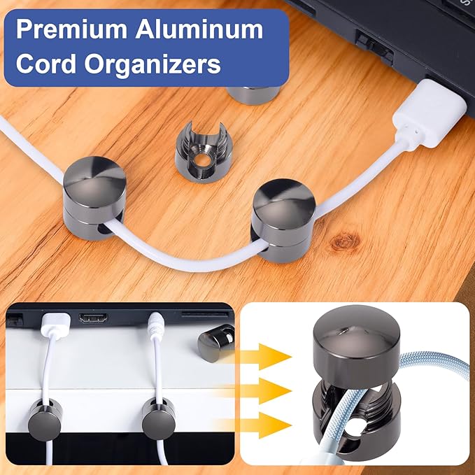 OIIKI 3 Sets Charger Cord Holders, Adhesive Cable Clip Cord Organizers, Metal Adjustable Wire Management Office Nightstand Desk Accessories for Charger Wire USB Keyboard Cable- Black