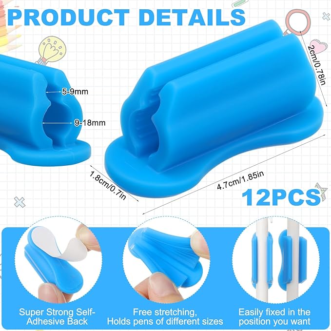 Sherr 12 Pack Adhesive Pencil Holders for Desk Upgraded Pen Holder for Desk Silicone Flexible Adhesive Marker Organizer Clipboard Classroom School Office Accessories Teacher Supplies (Blue)