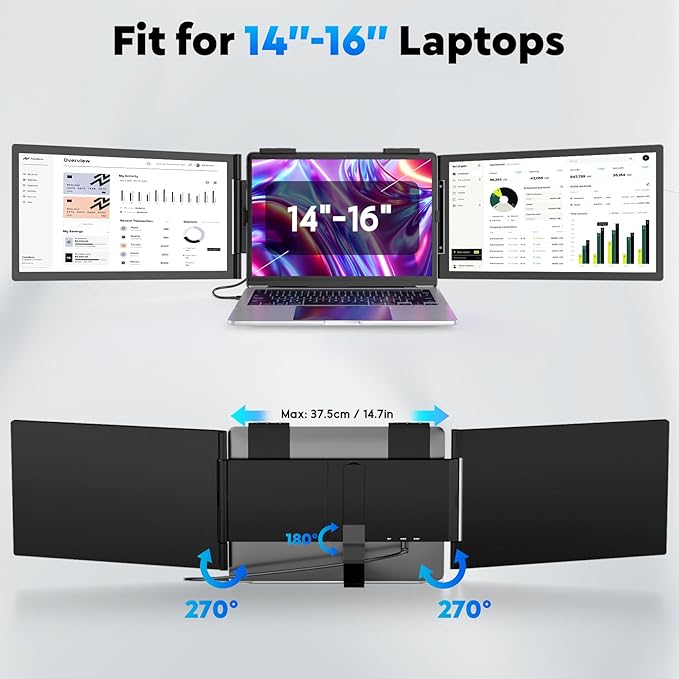 HONGO Laptop Screen Extender -Portable Monitor with Dual Screen 14" -Laptop Monitor Extender Compatible with Windows Mac for Travel Work Fits 14"-16" Laptops
