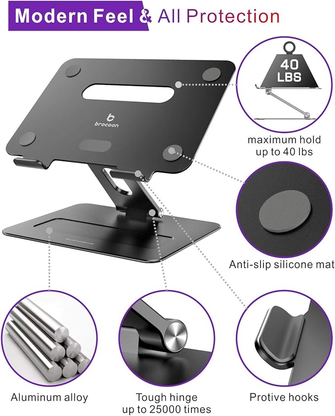 Adjustable MacBook Laptop Stand for Desk | Ergonomic Aluminum Laptop Riser with Heat-Vent, Compatible for 10-17" Laptops, Dark Black