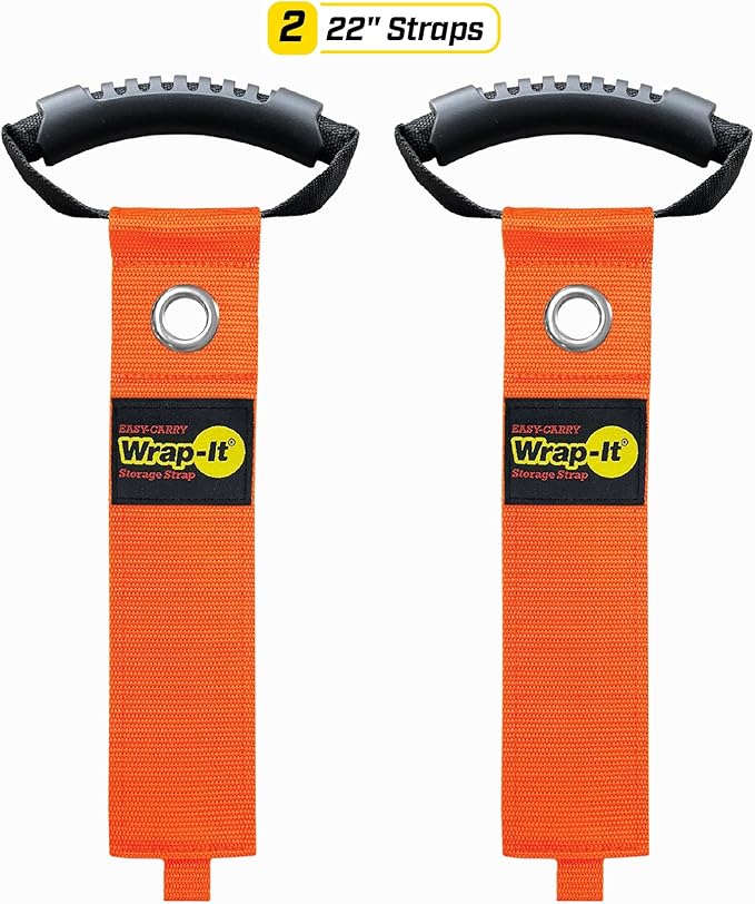 Easy-Carry Wrap-It Storage Straps - 22” (2-Pack) Blaze Orange with Grommet - Extension Cord Storage Holders and Carrying Straps for Garden Hose Storage