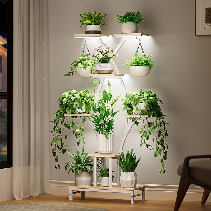 Plant Stand Indoor with Grow Lights - 7 Tiered Metal Corner Shelf for Multiple Plants, 63" Corner Plant Stand for Indoor Plants, X-Shaped Plant Rack for Home, Living Room, Office & Patio Decor