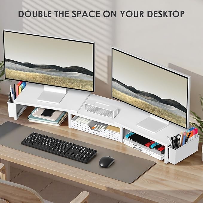 OPNICE White Dual Monitor Stand Riser, Metal Desk Organizers and Accessories with Drawer and 2 Pen Holders, Computer Monitor Stand for Desk