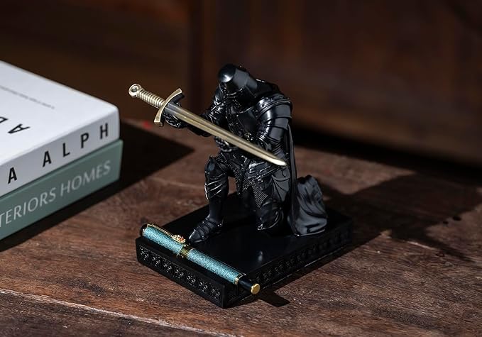 Medieval Templar Vanguard Officer Knight Pen Holder Pen Stand Desk Organizers and Accessories Resin Mobile Phone Stand as Gift for Office and Home Desk Organizer (Black)