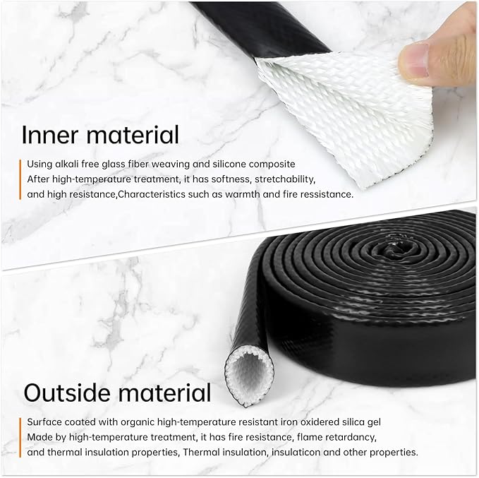 High Temp Fire Sleeve, Fiberglass Braided Heat Shield for Automotive Fuel Line & Wiring Harness, Silicone Coated Fireproof Protection Tube (Black, 12mm(15/32")-9.9ft)