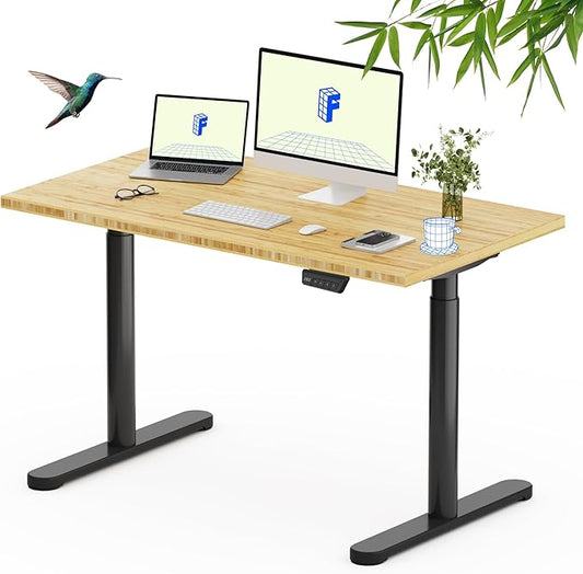 FLEXISPOT Bamboo Electric Standing Desk with Elegant Oval Legs, 48"x24" Height Adjustable Desk for Home Office & Living Spaces, Black Frame