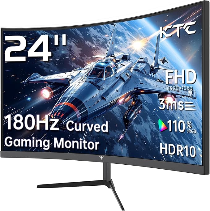 KTC 24 Inch 1500R Curved Gaming Monitor,180Hz 1ms FHD 1080p VA Monitor, Adaptive Sync, 110% sRGB, HDR Support, DisPlayPort/HDMI,Tilt, VESA for Gaming Home Office Business PS5 PC Monitors
