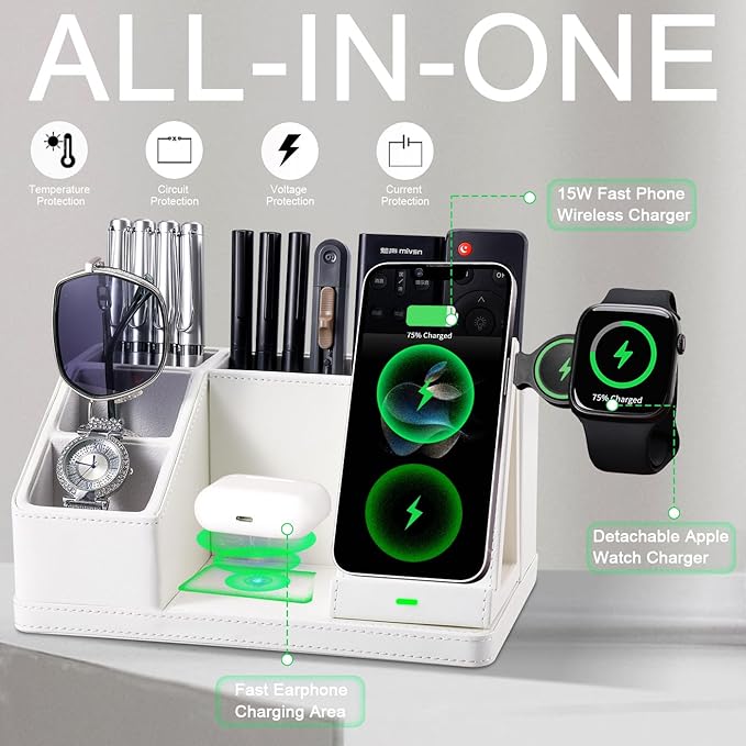 Leather Pen Organizer, Multi-Functional Pencil Holder for Desk, Desk Organizers and Accessories for Office Art Supplies,desk organizer with phone stand/charger,Birthday Gifts for Women/Men