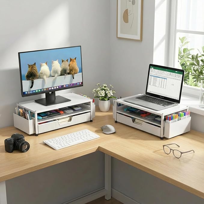 Desk Organizer and Accessories, 2-Tier Computer Monitor Stand Rise with Storage Drawer & 2 Pen Holders, Laptop & Printer Stand for Desktop, Workspace Organizers for Office Supplies (White)