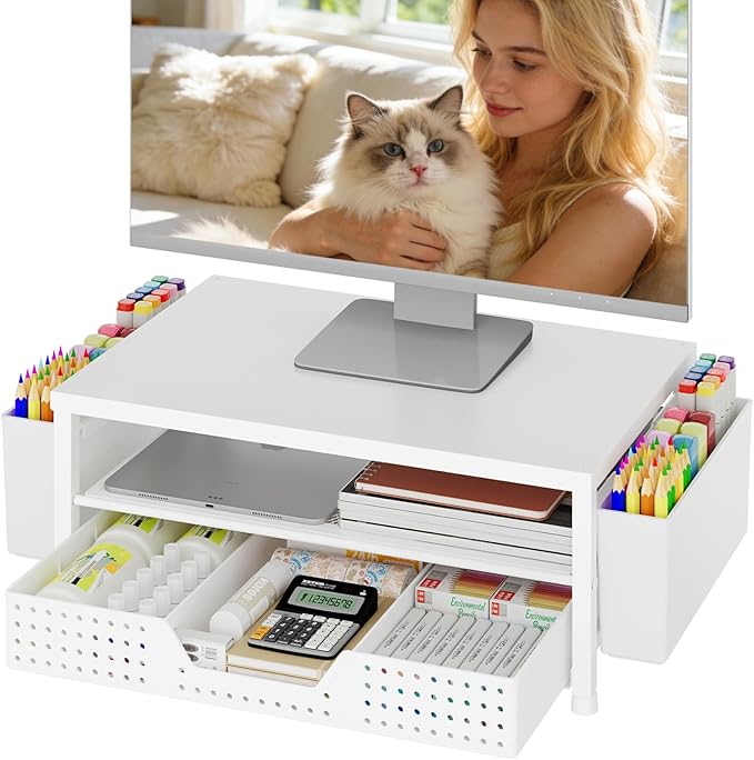 OPNICE Desk Organizers and Accessories, 2-Tier Computer Monitor Stand Riser with Drawer and 2 Pen Holders, Laptop Stand, Office Desk Accessories for Office Supplies, White