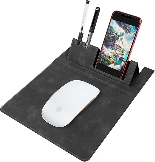 Premium PU Leather 3-in-1 Mouse Pad with Phone Stand and Pen Holders, 9.7x7.7 inches Organizer Desk Mat for Reception counters and Home Office (Black 1Pack)