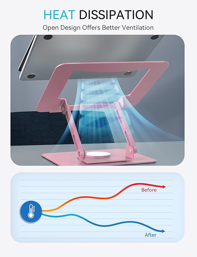 SOUNDANCE Laptop Stand with 360° Rotating Base, Ergonomic Computer Riser for Desk, Adjutable Height Muti-Angle, Foldable Laptop Mount, Stable Metal Holder Support 10-15.6" Notebook PC, Pink