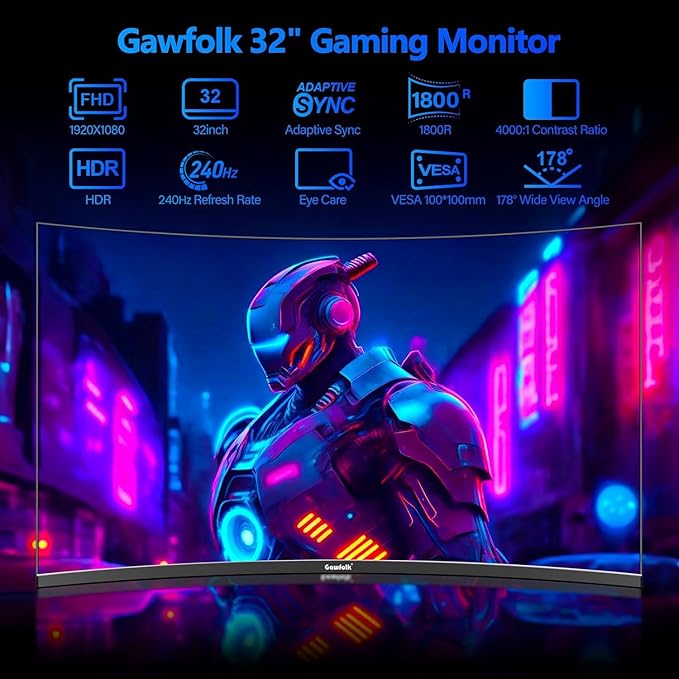 Gawfolk 32 Inch Curved Gaming Monitor 240Hz, 1800R PC Monitor Full HD 1080P, Frameless Computer Dispaly with Freesync and Eye Care Technology, Wall Mountable